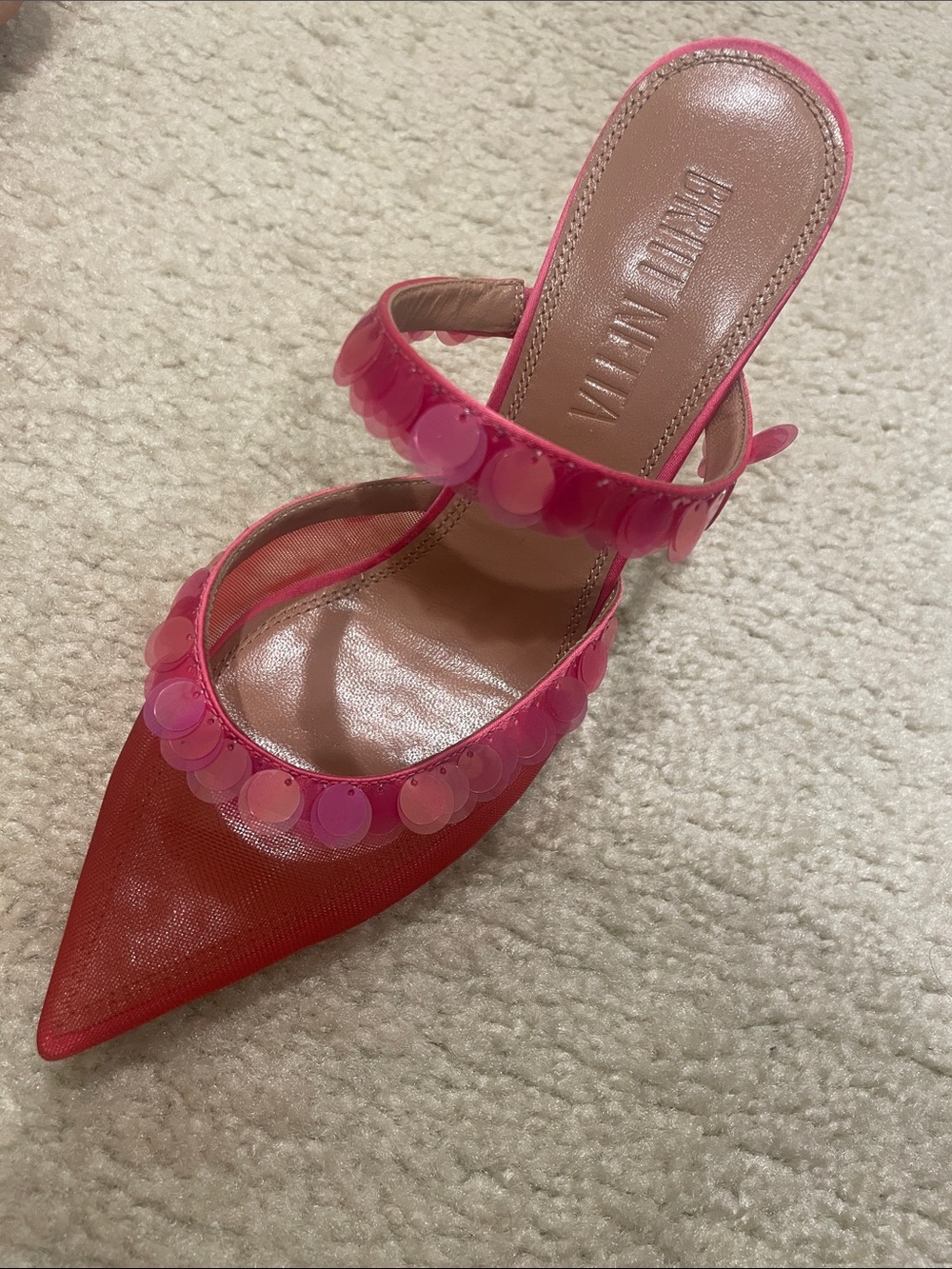 Pointed Sequin-Trim Mule Heels in Vibrant Pink